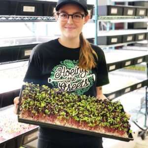 Brick Street Farms employee holding tray of greens. 