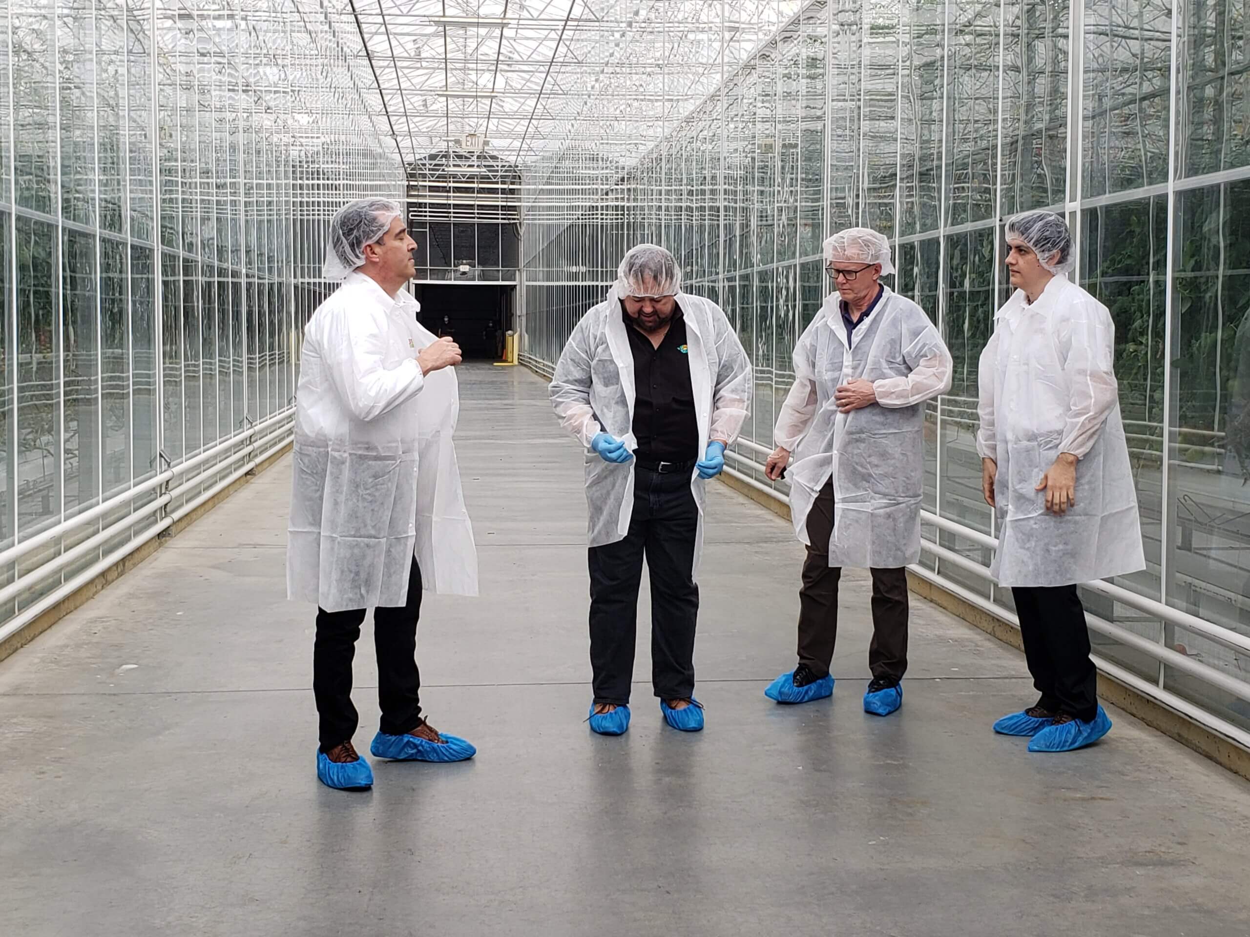 Chip and Red Sun crew putting on PPE before entering the greenhouse. 