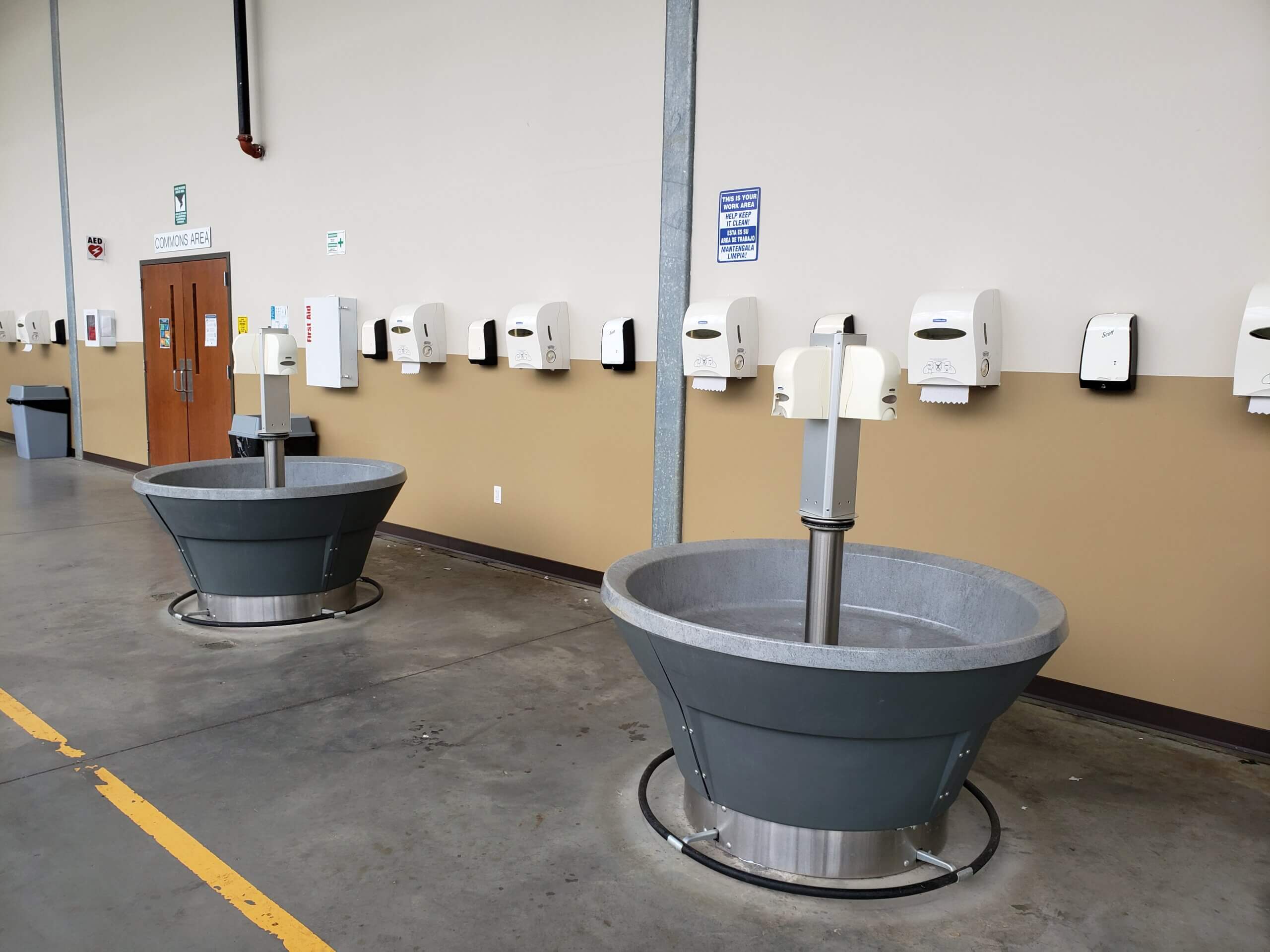 Large handwashing sinks.