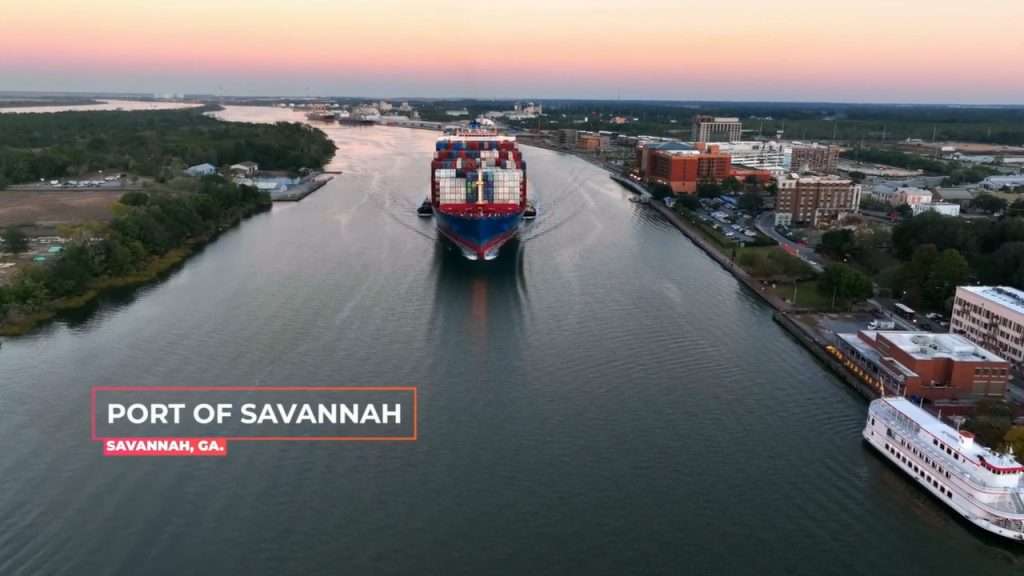 Arial shot of ship entering Port of Savannah