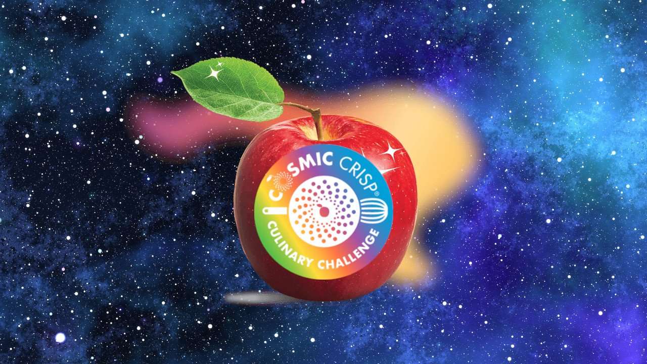 Cosmic Crisp logo on apple in space.