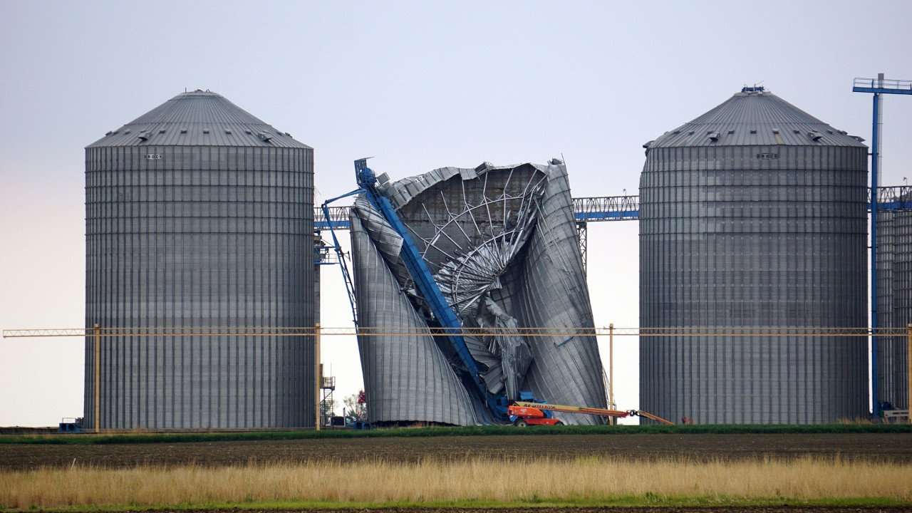 Damaged silo on a farm.
