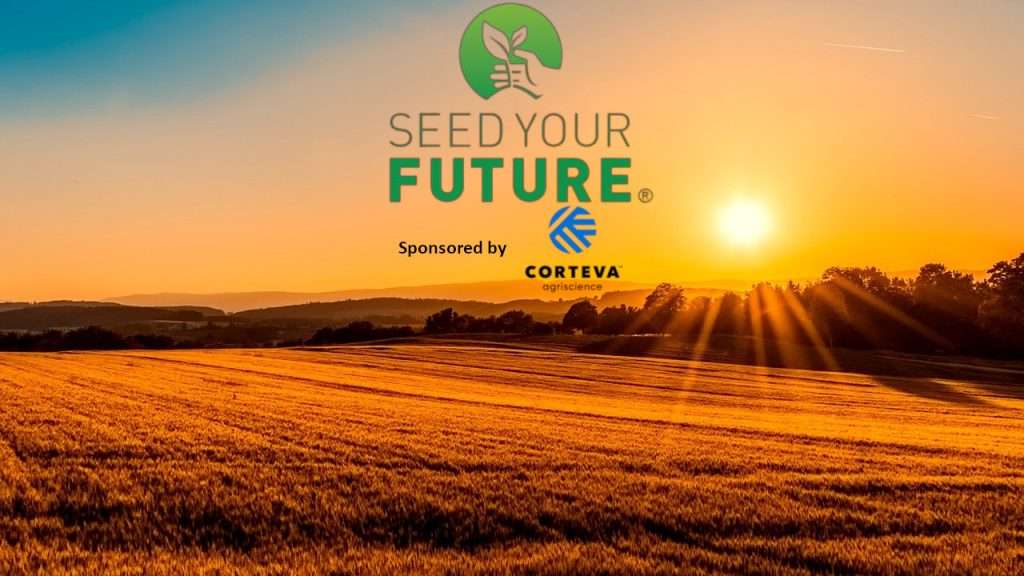 Seed Your Future and Corteva Agriscience Logos with farm background.