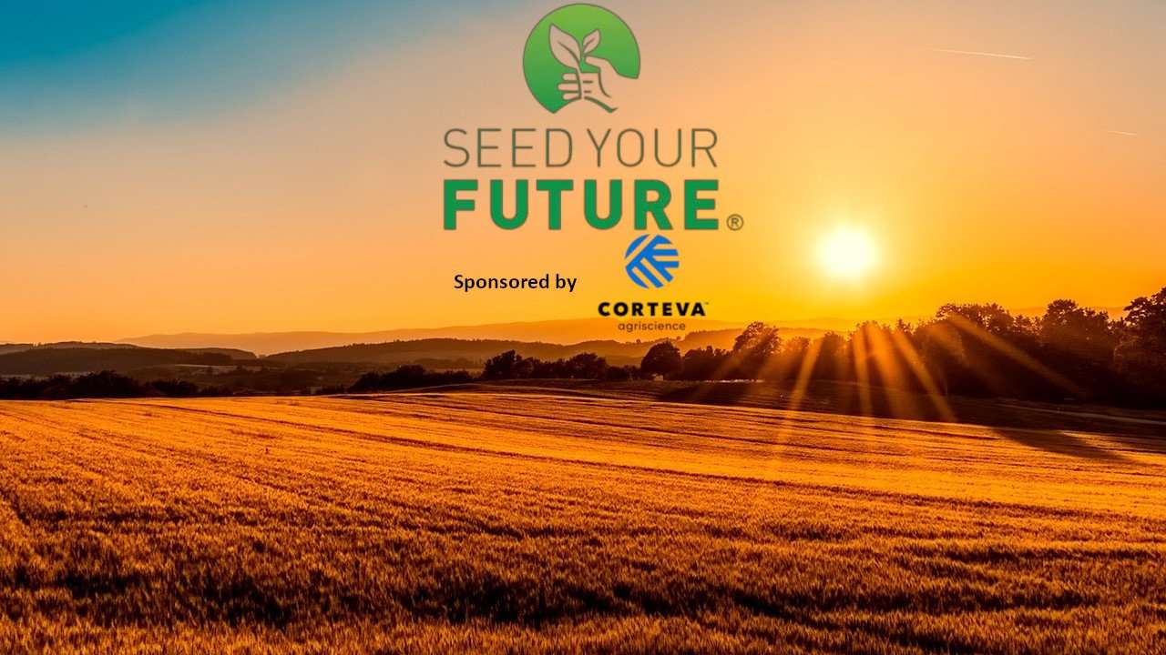 Seed Your Future and Corteva Agriscience Logos with farm background.