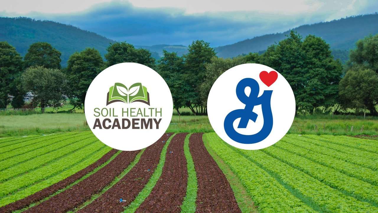 Logos for Soil Health Academy and General Mills with farm in background.