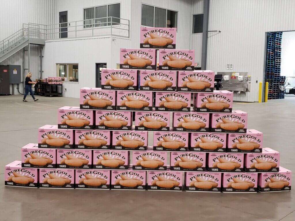 Vick Family Farms pink Pure Gold potato boxes for breast cancer support. 