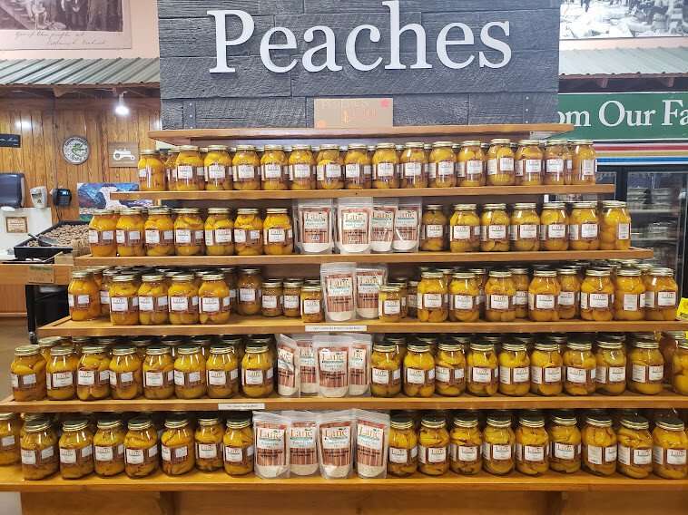 Peach display at Lane Southern Orchards retail store.