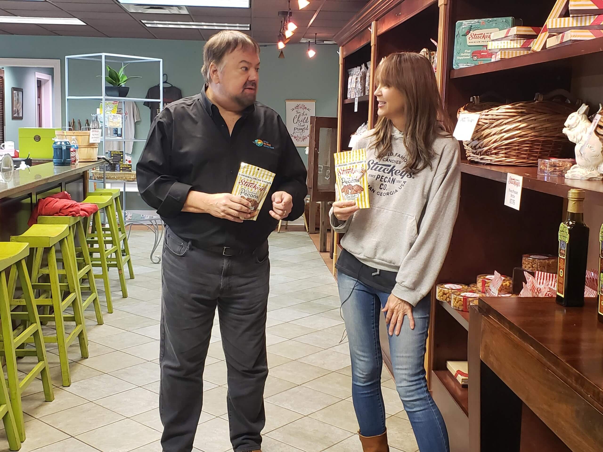 Chip touring the Stuckey's store with pecans in hand.