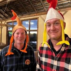 Turbo Trusser inventors Kirk and Brian wearing chicken hats
