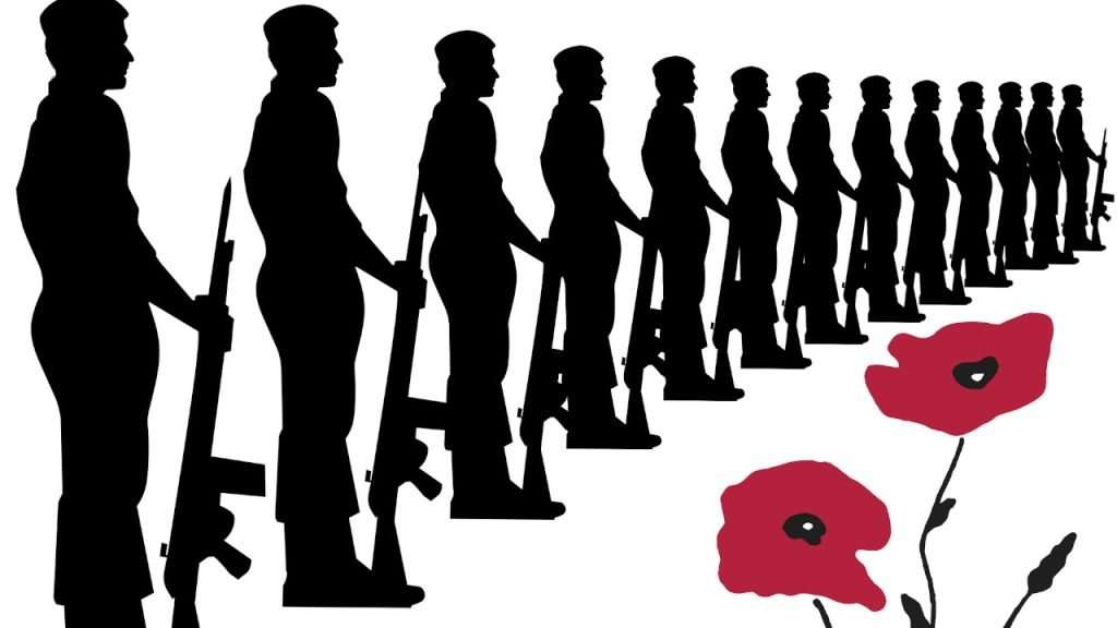 Illustration of soldiers and an red flower.