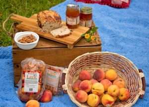 Lane Southern Orchards peaches, pecans, and more products on display. 