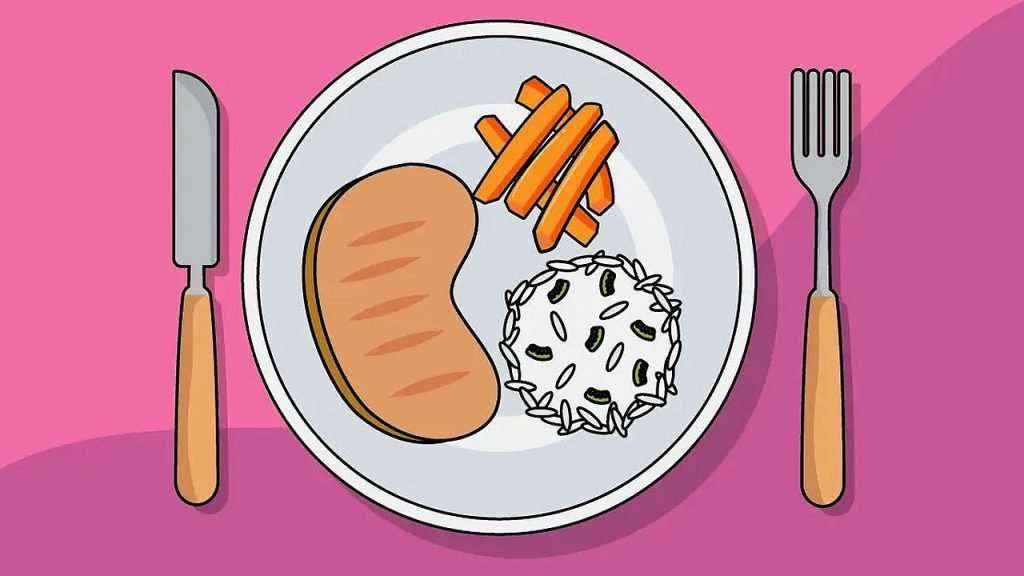 Cartoon of healthy food on a plate.