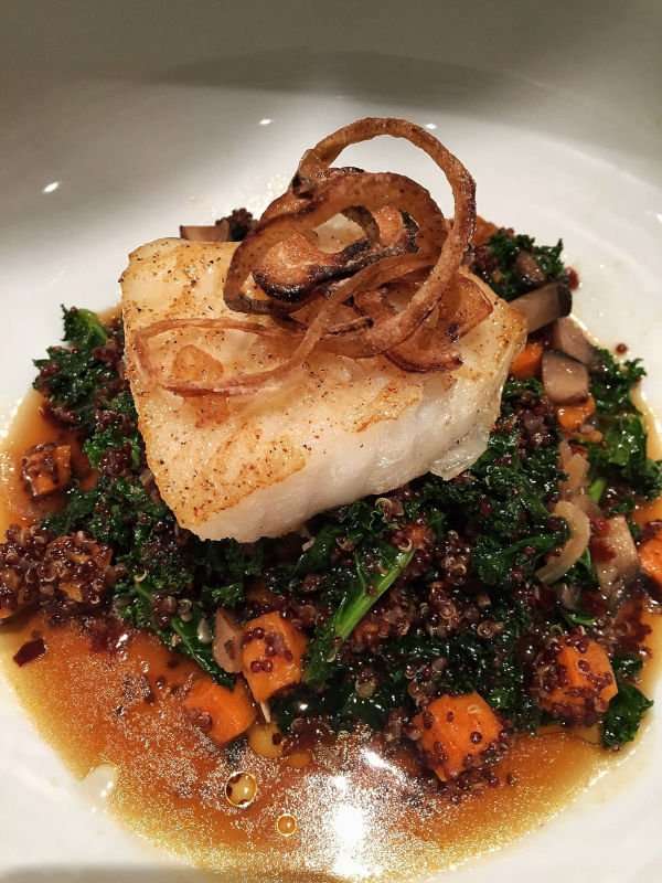 Roasted Sea Bass and Mushroom Broth with Quinoa, Sweet Potatoes and Kale