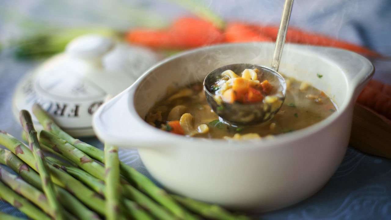 Bowl of Chicken noodle soup loaded with veggies from Hunts Point