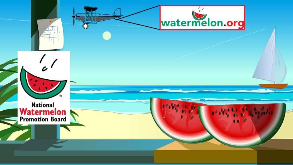 National Watermelon Promotions Board Logo next to cartoon watermelons.