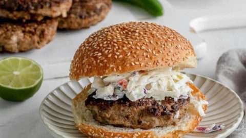 Jalapeno Turkey Burger with slaw on top.