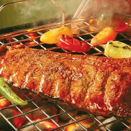 Fire-Cracker Pork Spareribs on open flame grill.