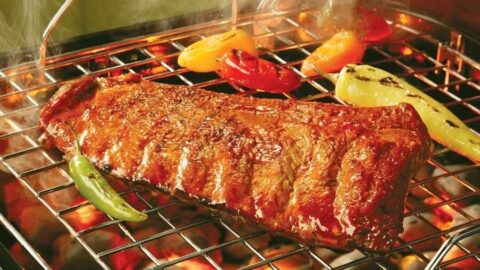 Fire-Cracker Pork Spareribs on open flame grill.