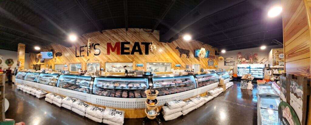 Panoramic view of the meat case. 