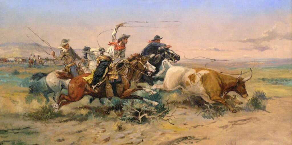 Artwork of cowboys lassoing bulls.