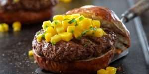 Caribbean Beef Burgers With Mango Salsa.