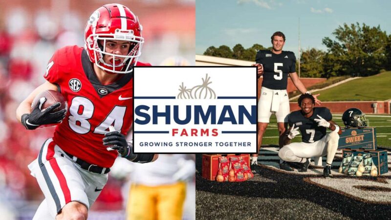 Feature image containing Shuman Farms logo in front of images of University of Georgia Wide Receiver Ladd McConkey and Georgia Southern University Quarterback Davis Brin and Wide Receiver Khaleb Hood