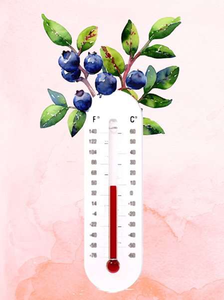 Watercolor image of a thermometer with a blueberry bush. 