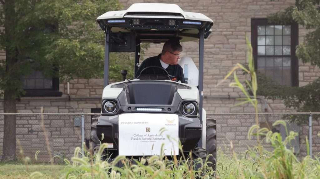 Kent Shannon operating the fully electric, autonomous tractor.