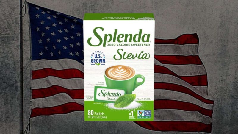 Splenda's U.S. Grown Stevia Packaging over an American Flag background.