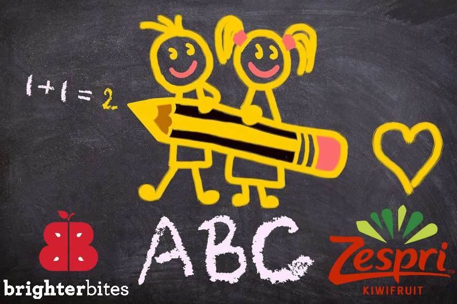 School chalkboard with BrighterBites and Zespri Kiwifruit logo overlays.