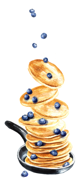 Stack of pancakes flipping in a pan with blueberries around. 