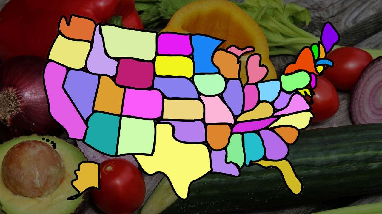 Color map of the USA over a darkened background of assorted fruits and veggies.
