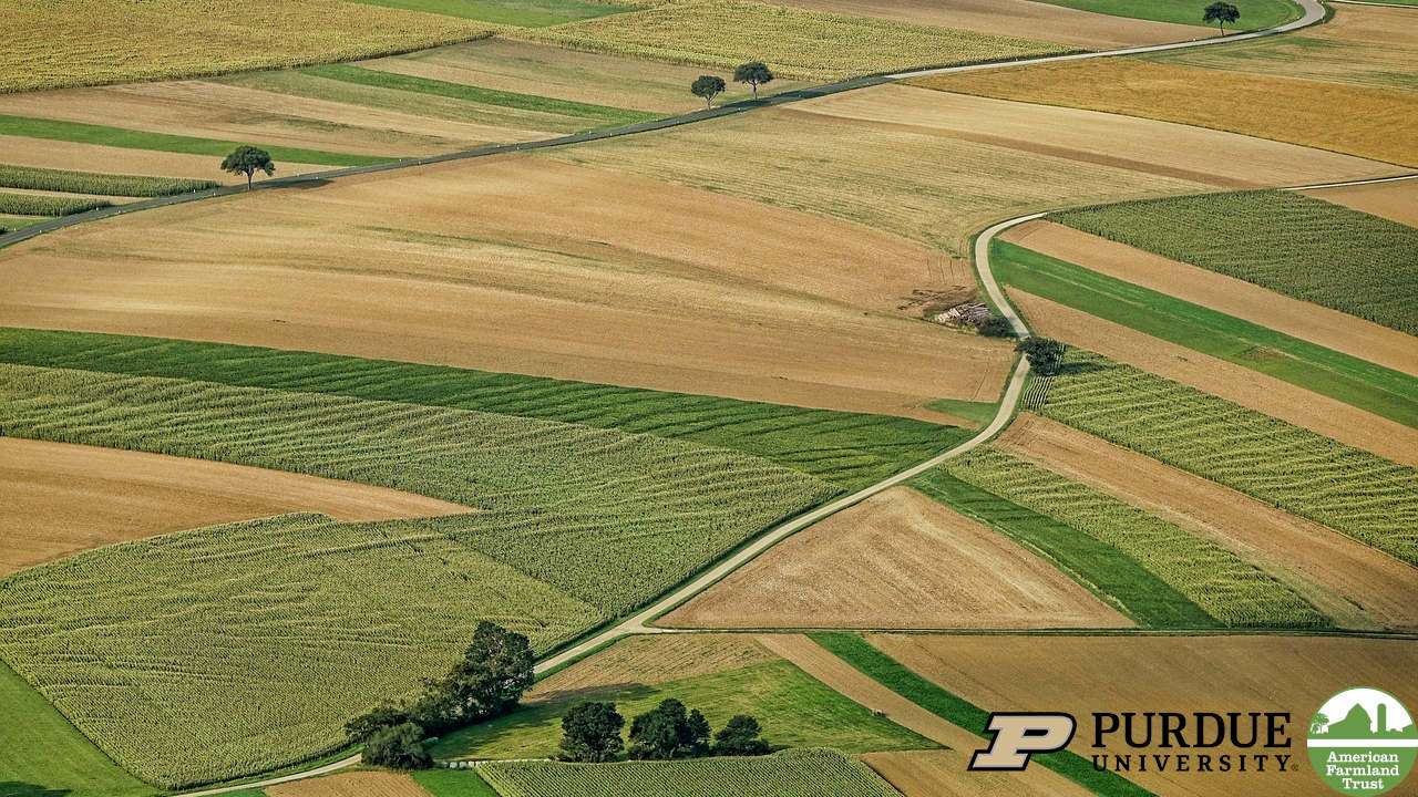 Aerial view of farmland with Purdue and American Farmland Trust logo overlays.