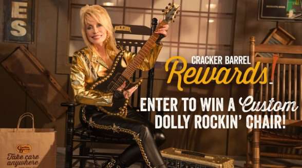Dolly Parton playing guitar with a Cracker Barrel shopping bag next to her with "Enter to Win" overlay.