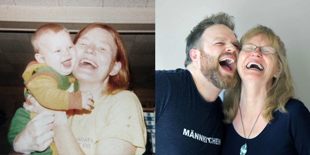 Side-by-Side image: Left: MÄNNKITCHEN inventor Cleve Oines as a baby in his mother's arms, both smilin big. Right: Same image just as an adult.