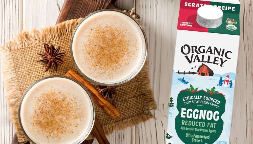 Carton of Organic Valley Reduced Fat Eggnog