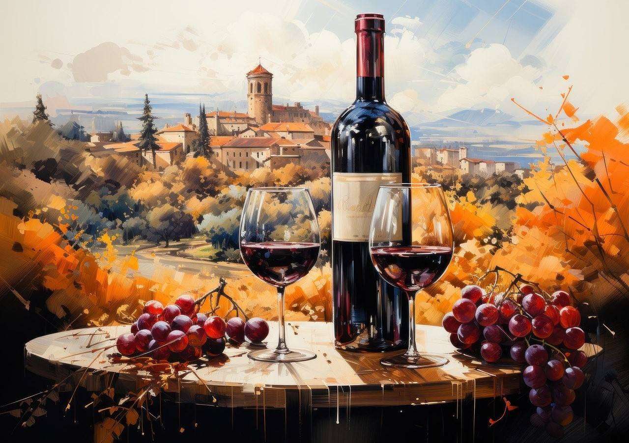 Painting of a bottle of wine, half filled glasses, and graps on a table infront of a Tuscan inspired scenic  image. 