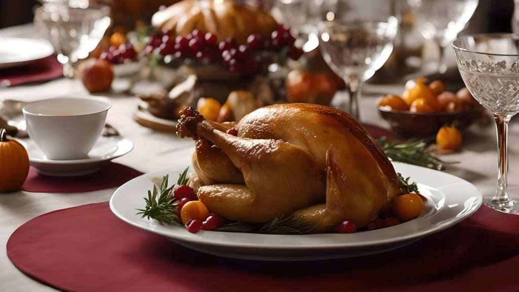 Whole turkey on the table on a serving platter.