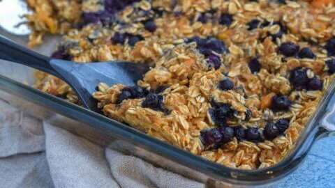 Sweetpotato Blueberry Baked Oatmeal in glass dish.