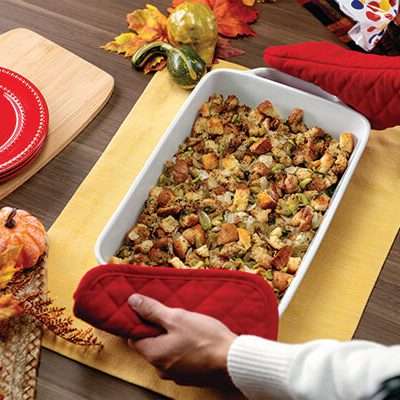 Thanksgiving stuffing fresh out of the oven.