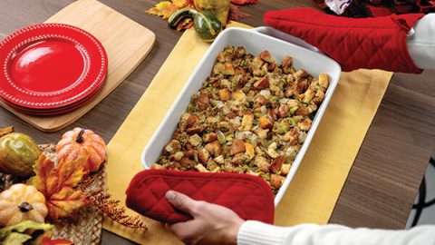 Thanksgiving stuffing fresh out of the oven.