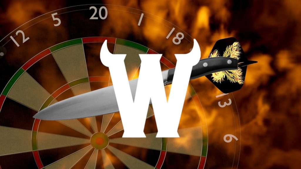 Dartboard with "knife dart" landing a bullseye with the Wicked Kitchen logo as an overlay.