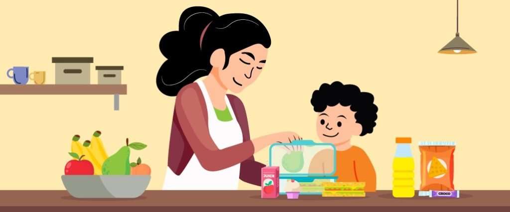 Cartoon image of mother and son packing a school lunch.