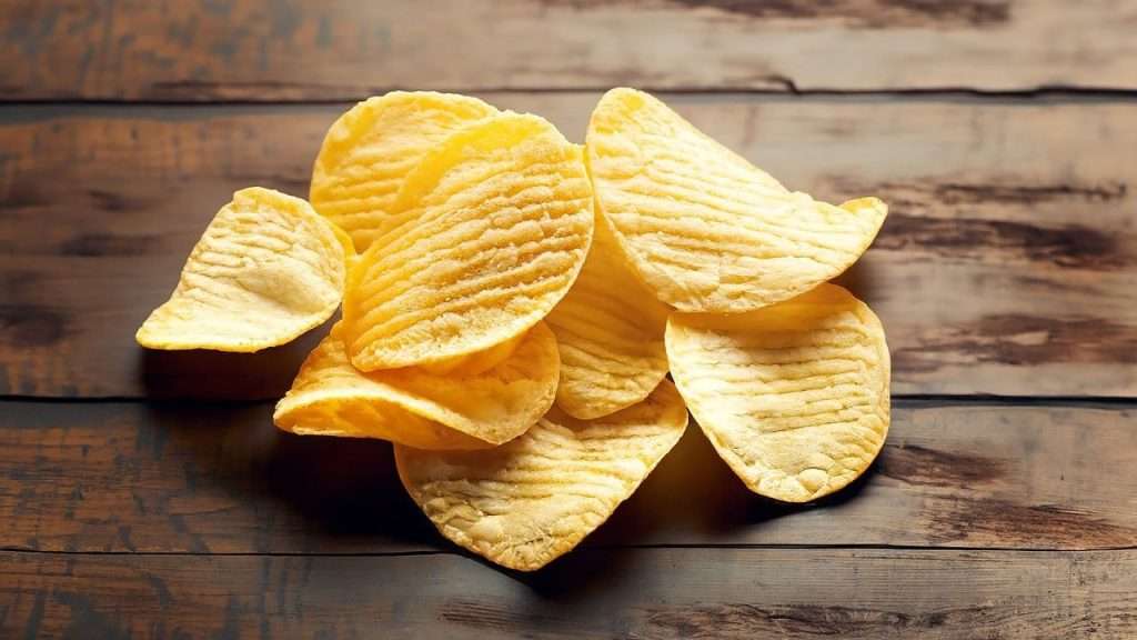 Closeup of potato chips on a table.