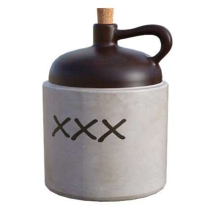 Brown liquor jug with 3 "poison" x's on the label. 