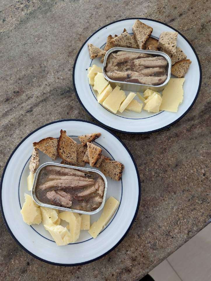 Two plates with sardines, crackers, and cheese.