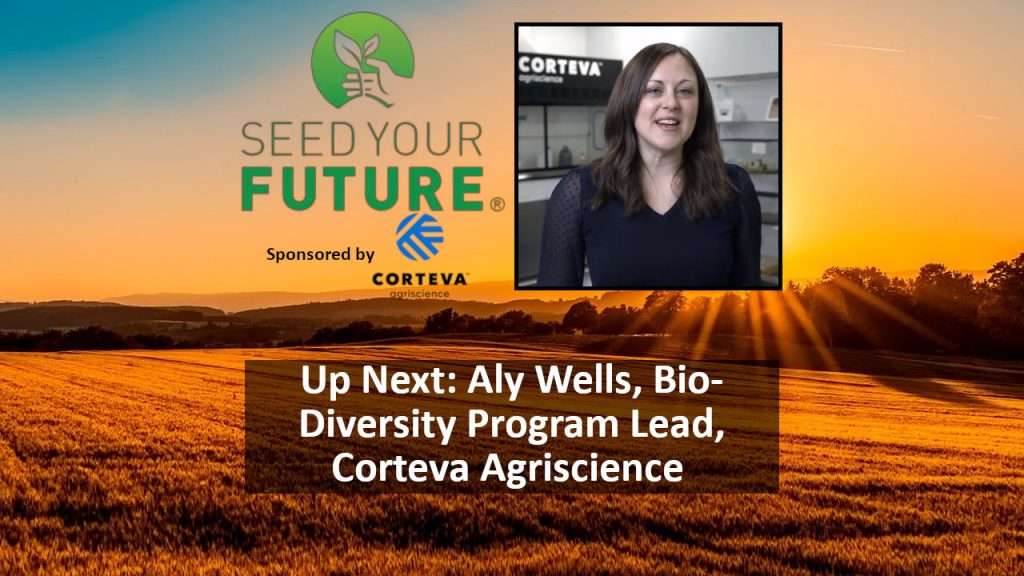 Seed Your Future and Corteva Agriscience Logos with a farm background.