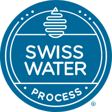 Swiss Water logo white lettering on blue background