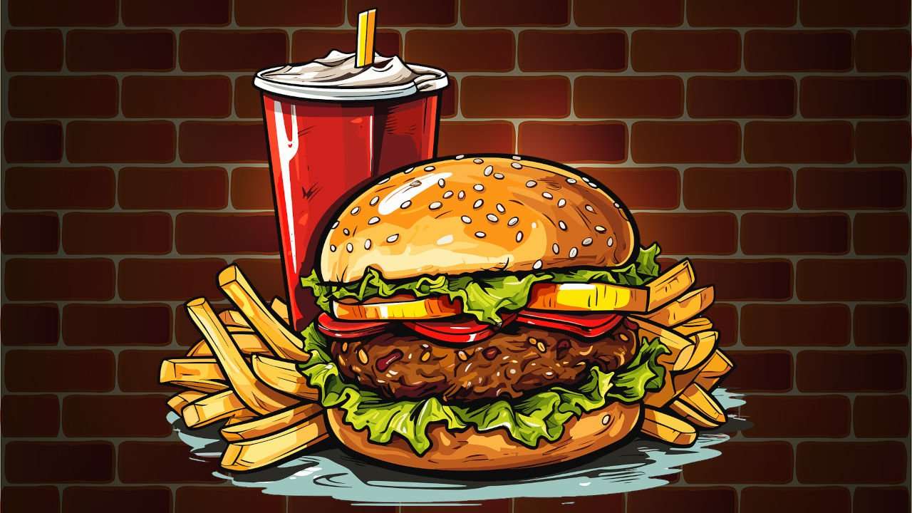 Cartoon image of burger, shake and fries.