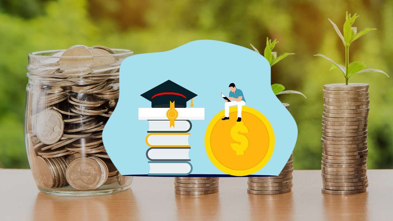 Graphic of college student sitting on a coin next to a stack of books wearing a graduation cap.